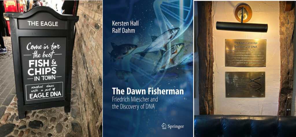 Sign outside 'The Eagle' pub in Cambridge advertising their 'DNA' beer; cover of new book 'The Dawn Fisherman: Friedrich Miescher and the Discovery of DNA' by Kersten Hall and Ralf Dahm; plaques inside 'The Eagle' pub commemorating the discovery of the structure of DNA by scientists James Watson, Francis Crick and Rosalind Franklin