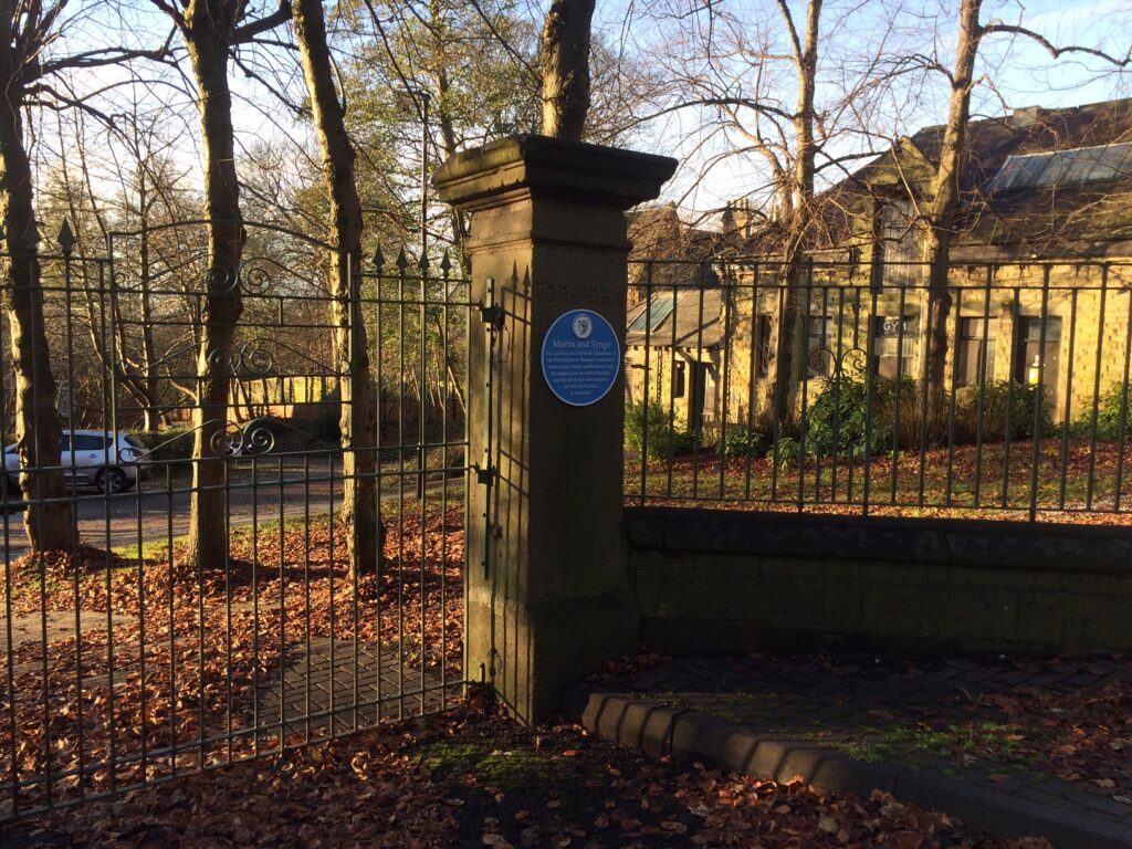 Gatepost on Headingley Lane, Leeds,UK that is one of the few structures remaining from the laboratories of the Wool Industries Research Association (WIRA) where, in 1941 Archer Martin and Richard Synge did the work that would earn them the Nobel Prize in Chemistry eleven years later